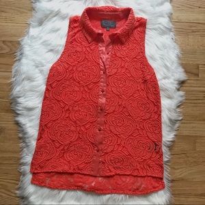 pjk • orange flower sleeveless lace button down top • medium
